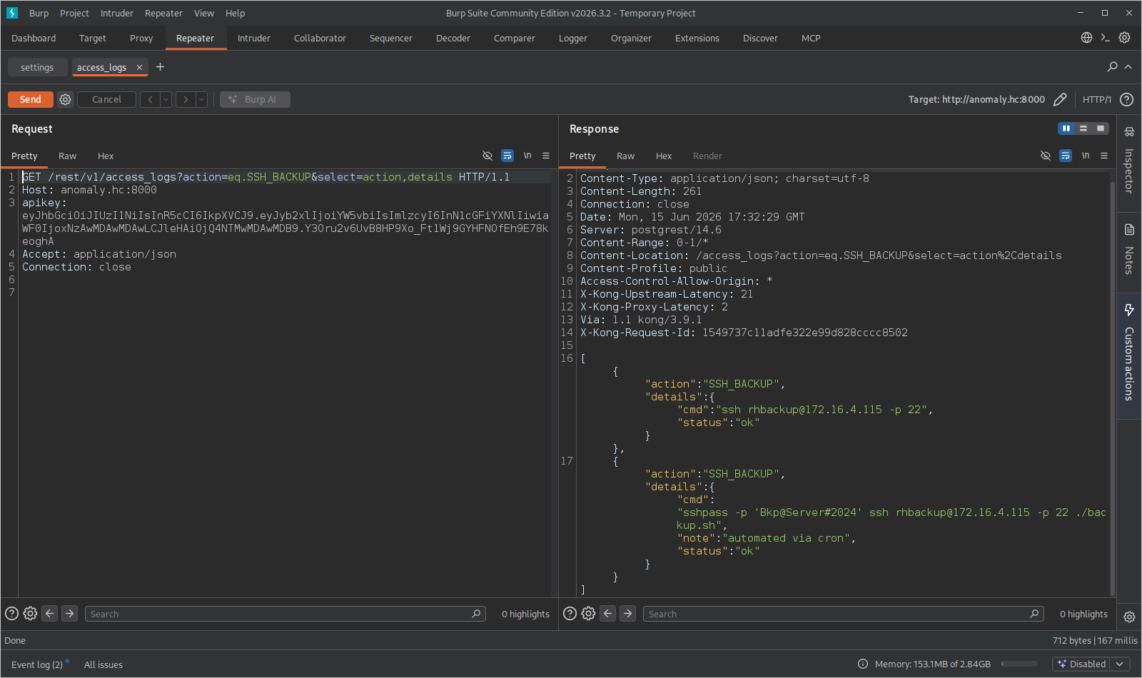 Entrada SSH_BACKUP da tabela access_logs com a senha do rhbackup embutida num comando sshpass