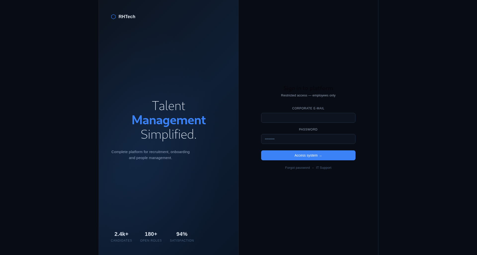 Página inicial da plataforma de RH RHTech com tela de login
