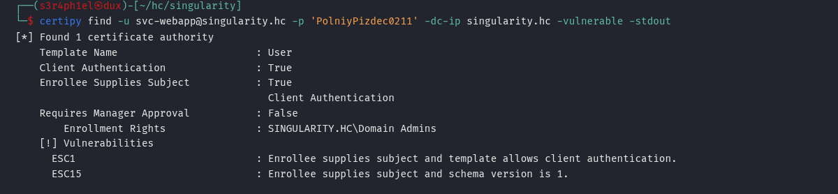certipy find identificando o template User vulnerável a ESC1