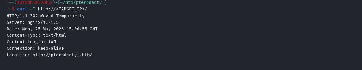 curl -I retornando 302 redirect para http://pterodactyl.htb/