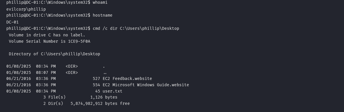 shell PowerShell como evilcorp\\phillip no DC-01