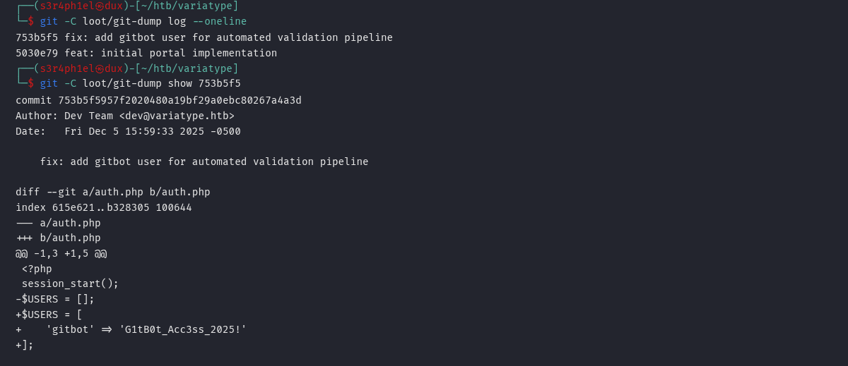 Diff do commit 753b5f5 mostrando as credenciais gitbot no auth.php
