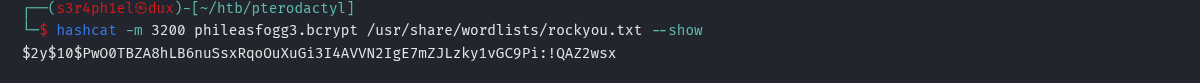 hashcat output — bcrypt Status Cracked, password recovered em 2m6s