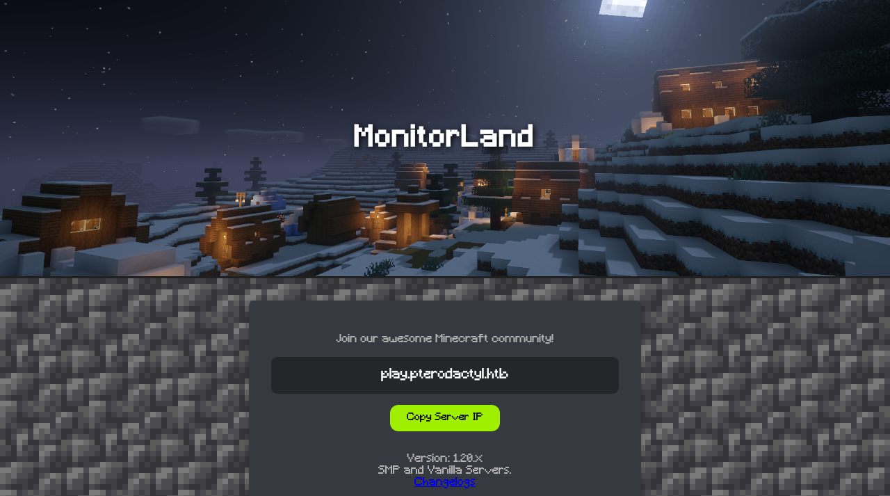 página estática 'MonitorLand' — servidor Minecraft fictício