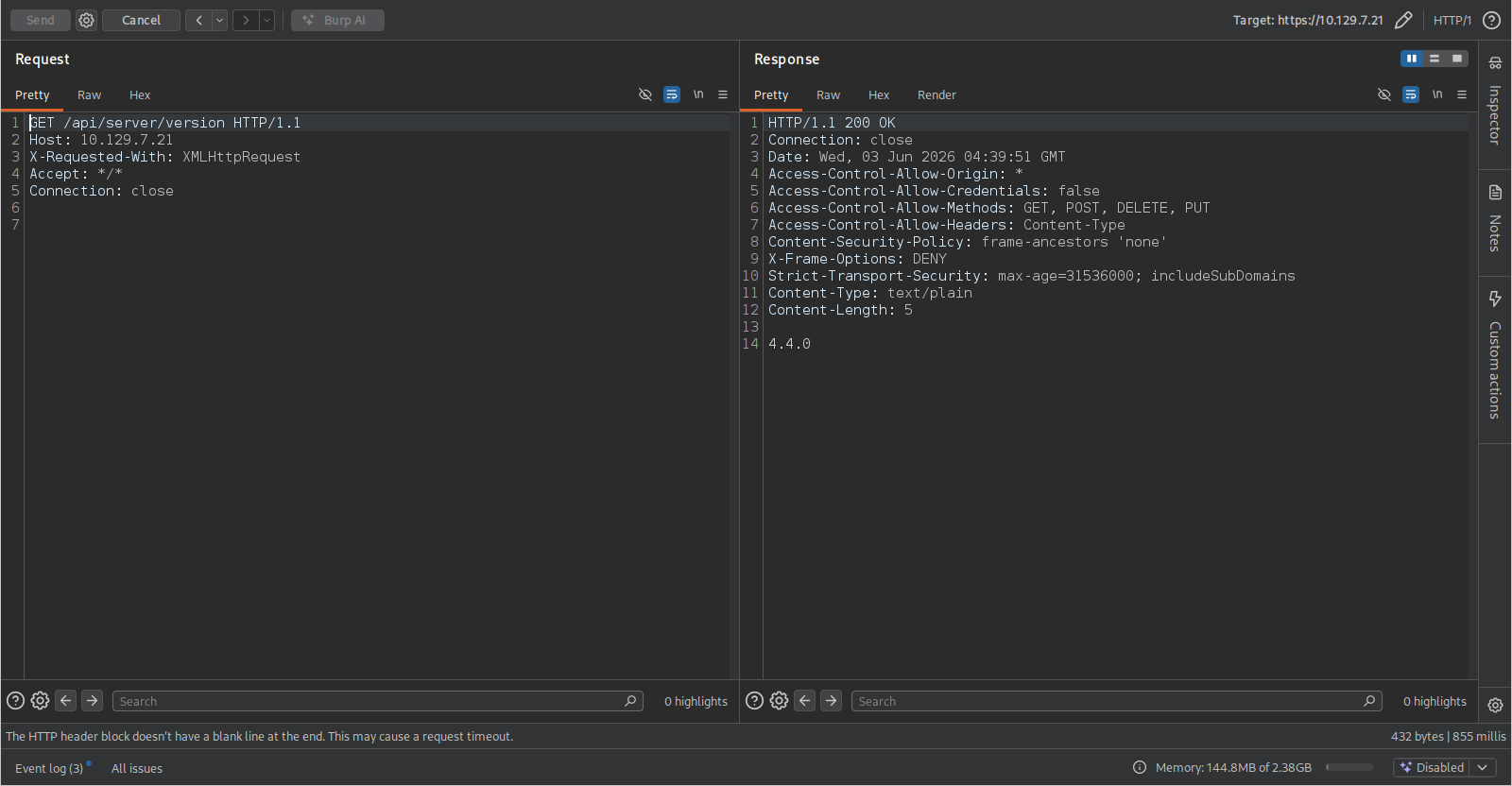 Burp Repeater com GET /api/server/version retornando 200 e o corpo 4.4.0