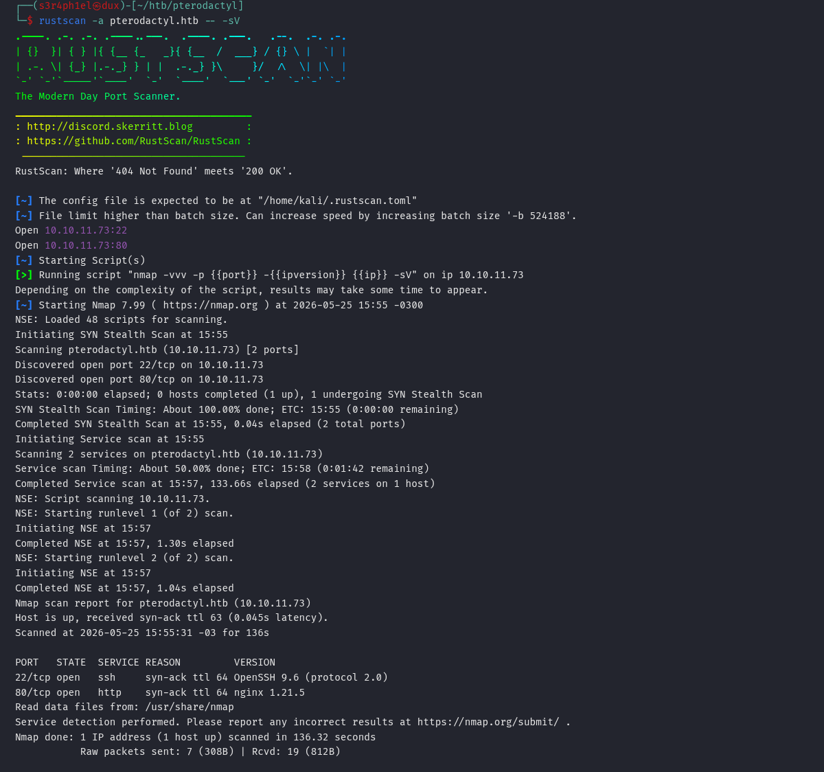 Saída do rustscan mostrando ssh 22 e nginx 80