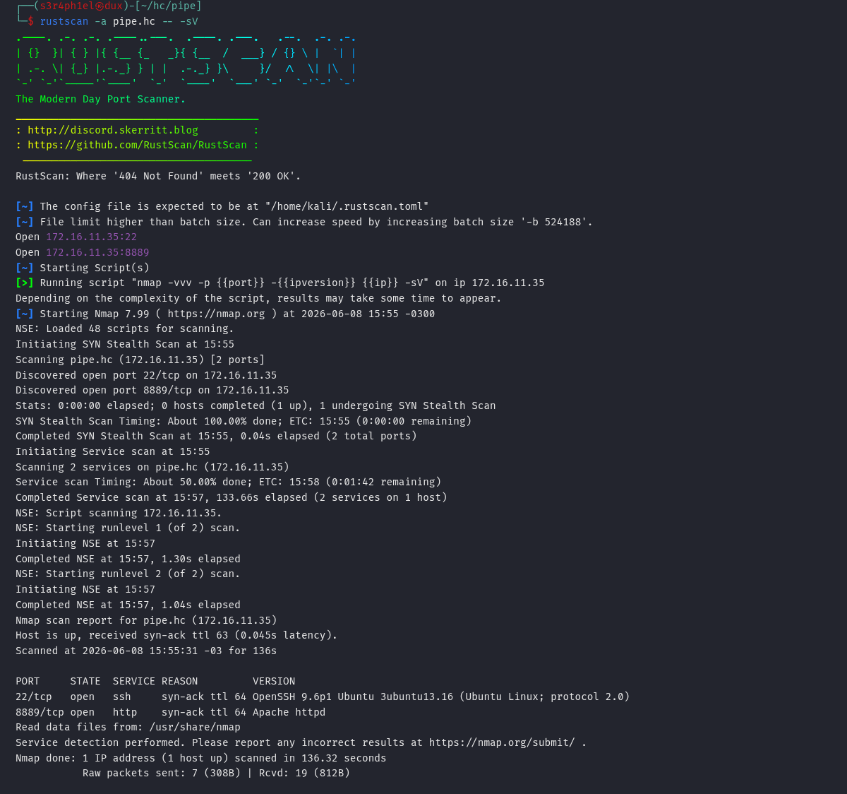 Saída do scan mostrando SSH na 22 e Apache na 8889