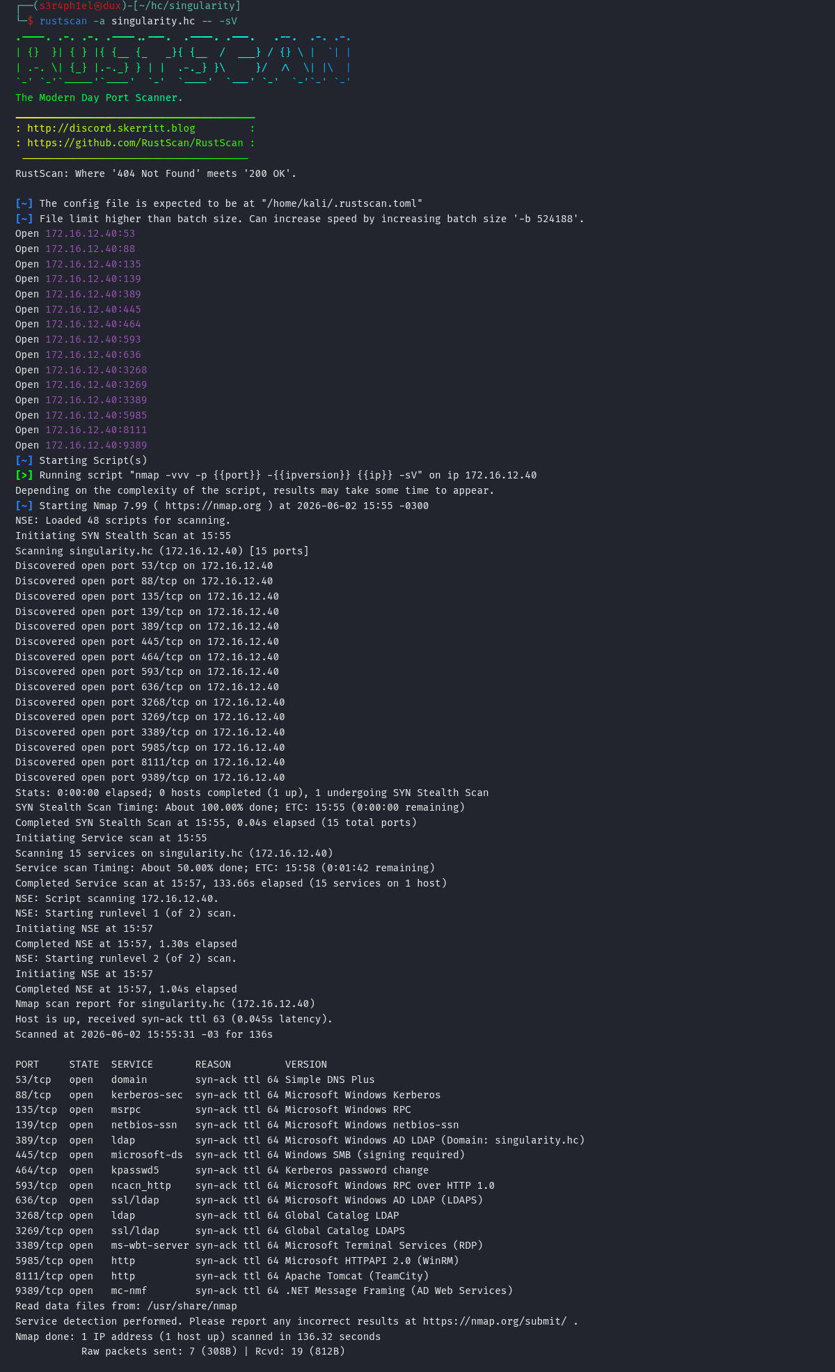 rustscan revelando um Domain Controller singularity.hc