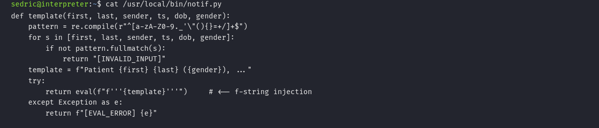 Source da função template do notif.py com o eval vulnerável