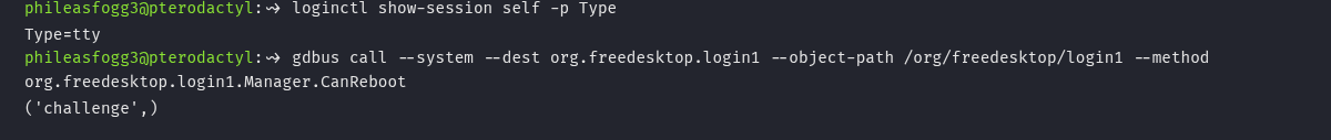 loginctl Type=tty e gdbus CanReboot retornando 'challenge' — polkit pede auth