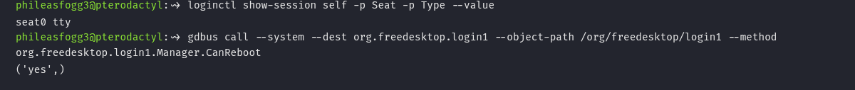 loginctl Seat=seat0 e gdbus CanReboot agora retorna 'yes'
