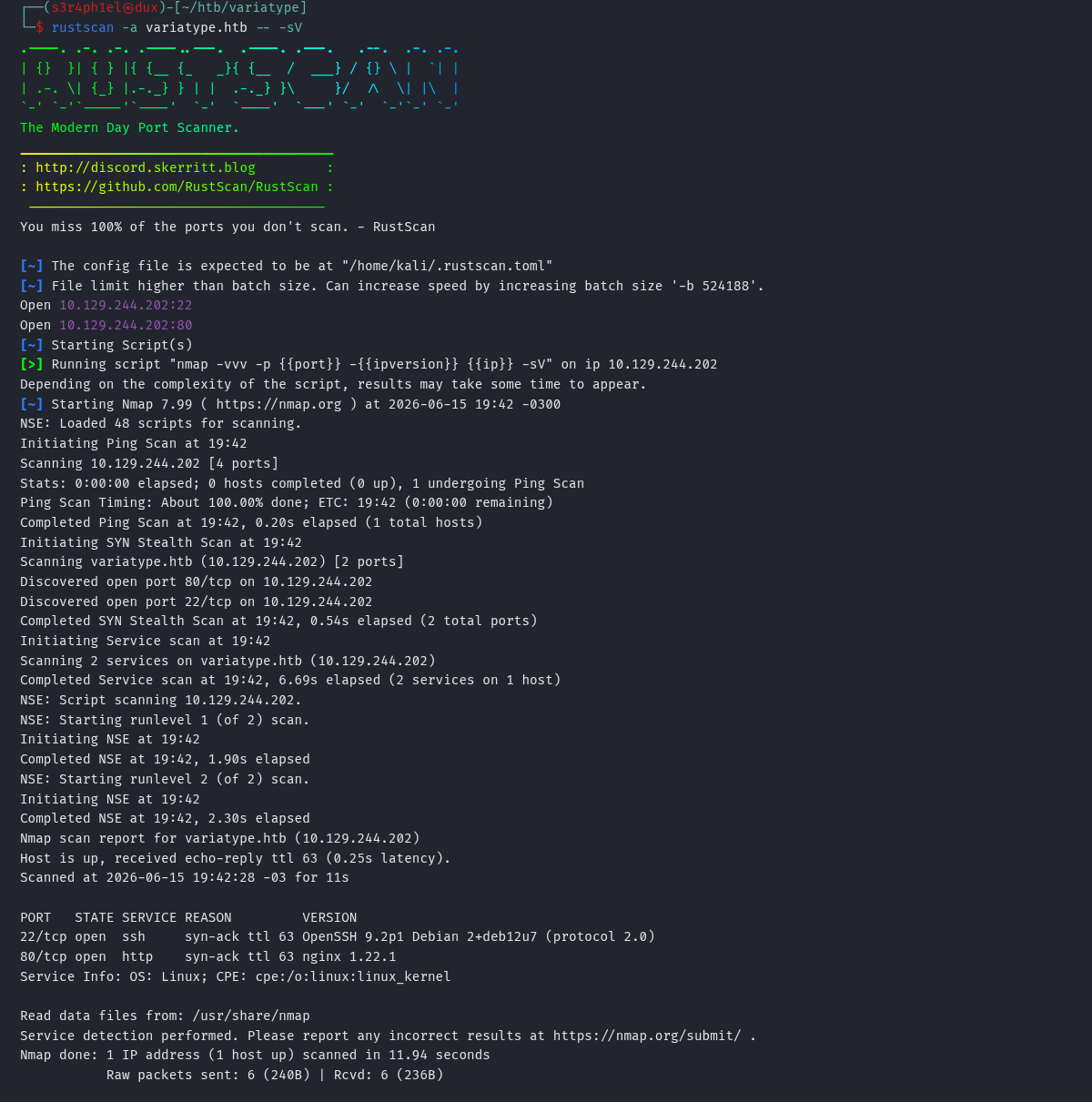 Saída do rustscan com SSH na 22 e nginx na 80