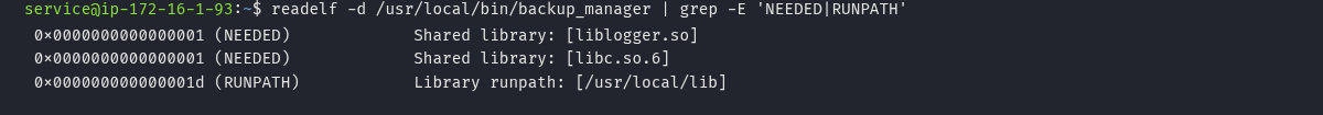 readelf -d do backup_manager mostrando NEEDED liblogger.so e RUNPATH /usr/local/lib