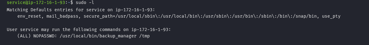 sudo -l mostrando NOPASSWD para backup_manager