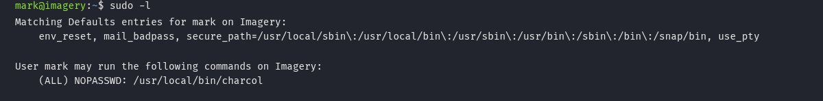 sudo -l mostrando que mark pode rodar /usr/local/bin/charcol como root sem senha