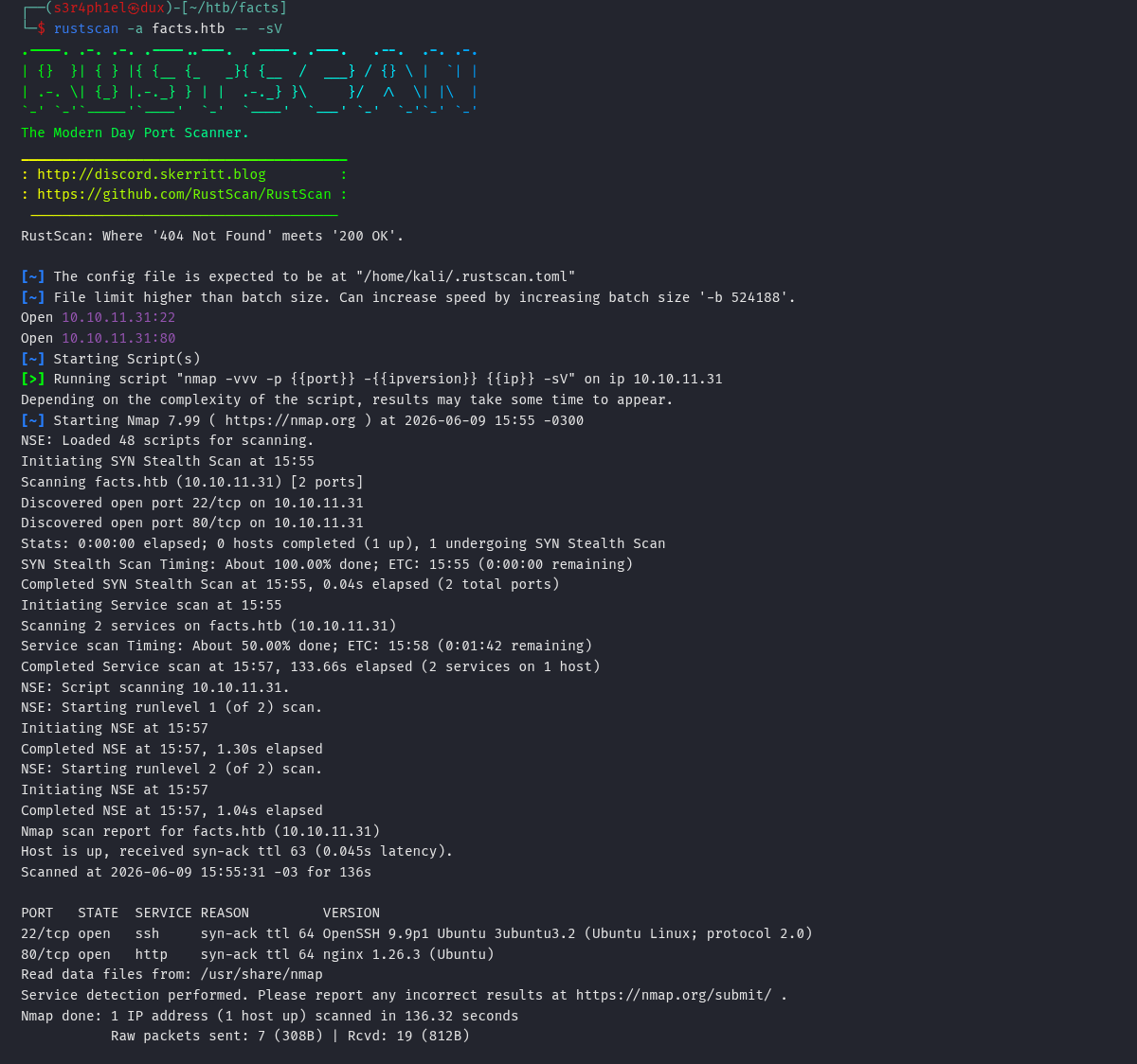 Scan de portas mostrando SSH na 22 e nginx na 80