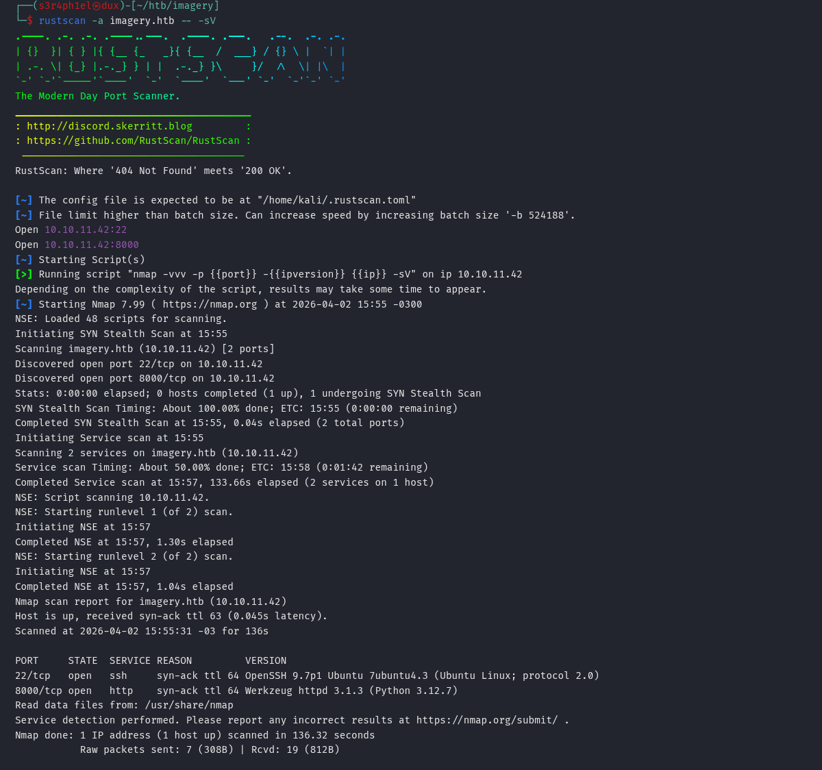 Saída do rustscan mostrando SSH na 22 e Werkzeug na 8000