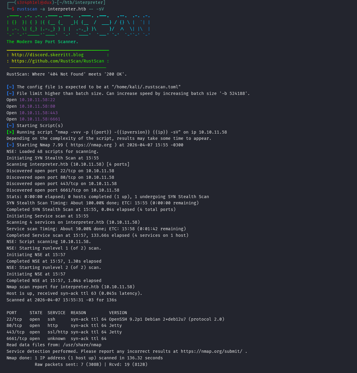 Resultado do rustscan mostrando portas 22, 80, 443 e 6661 abertas