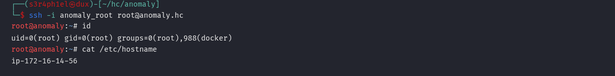 Sessão SSH como root em anomaly.hc após plantar a chave