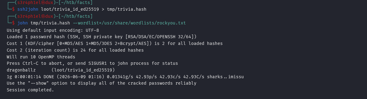 john quebrando a passphrase da chave ed25519 com rockyou.txt, recuperando dragonballz