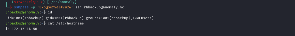 Sessão SSH autenticada como rhbackup em anomaly.hc