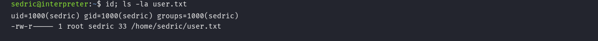 Login SSH como sedric, id e ls -la de user.txt