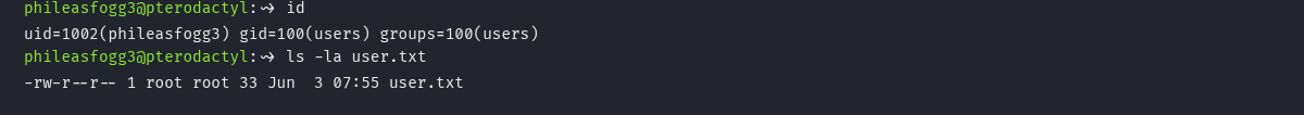 ssh login + id mostrando uid=1002(phileasfogg3) + ls -la ~/user.txt