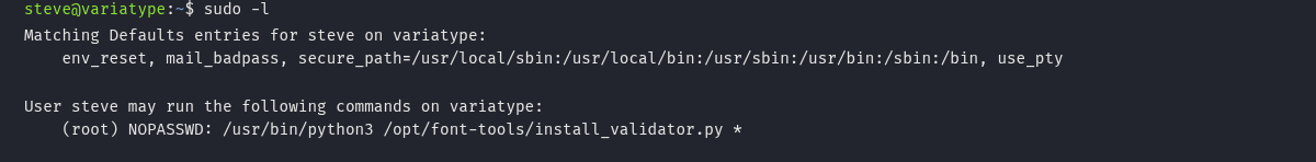 sudo -l mostrando permissão de install_validator.py como root