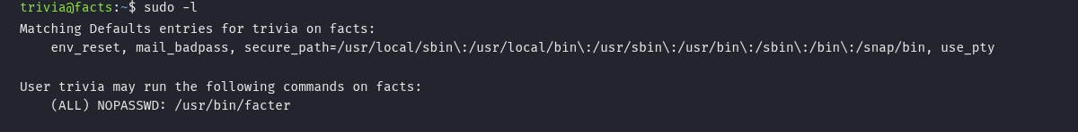 sudo -l do trivia mostrando NOPASSWD para /usr/bin/facter