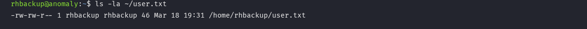 Listagem da flag user.txt no home do rhbackup