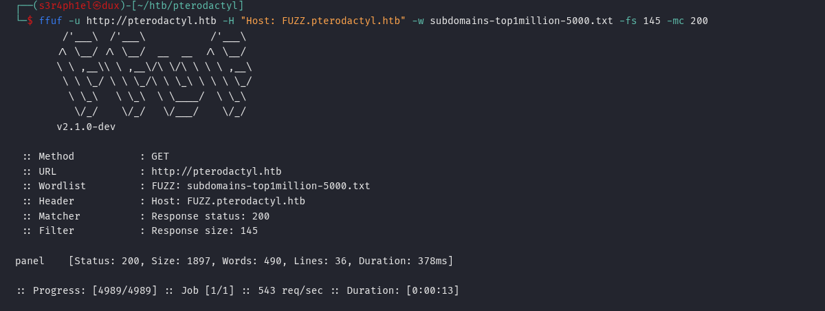 ffuf vhost enumeration revelando 'panel' como vhost válido