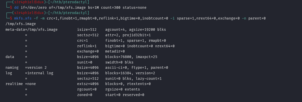 output de dd + mkfs.xfs mostrando o layout XFS legacy (crc=1, rmapbt=0, bigtime=0, inobtcount=0, nrext64=0, exchange=0, parent=0)